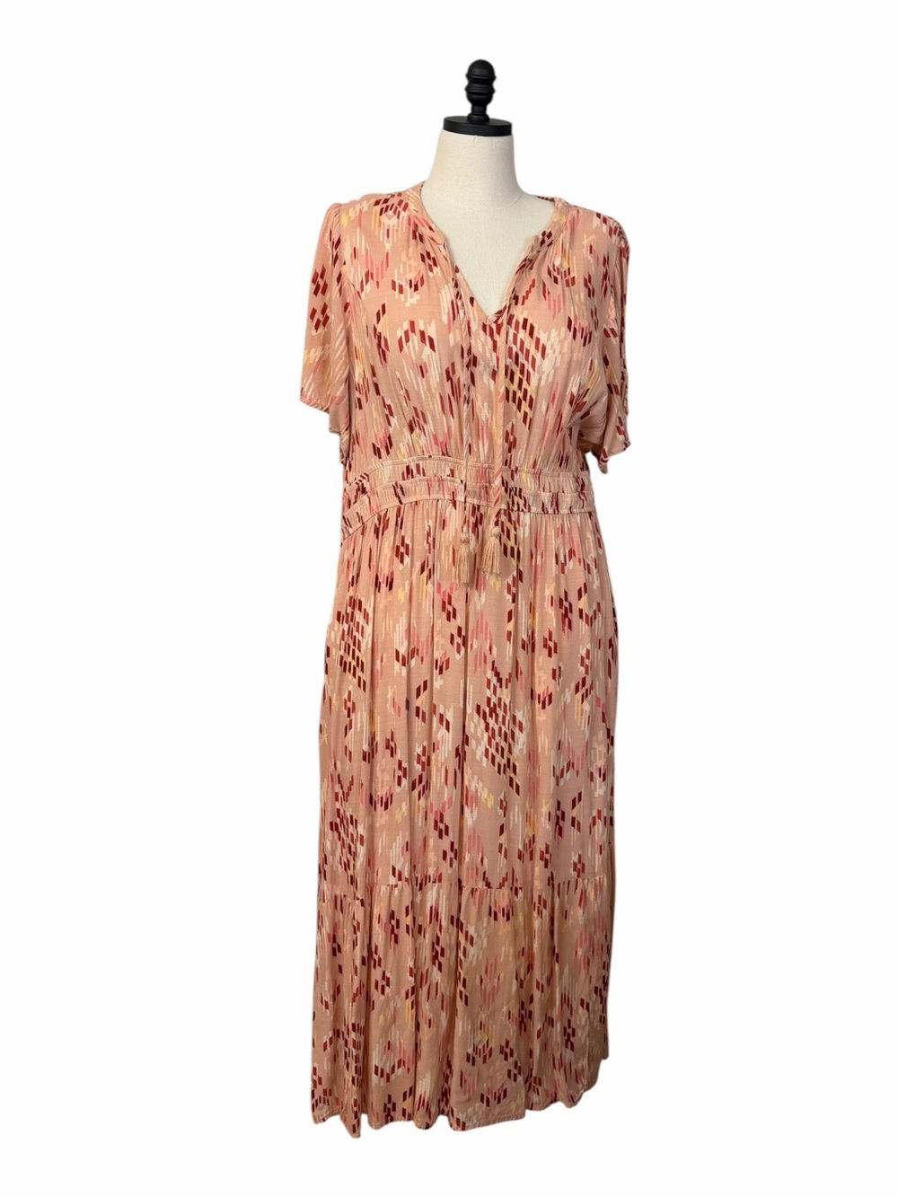 Knox Rose Maxi Dress XXL Blush Geometric Tassel Tie Smocked Waist Cottagecore